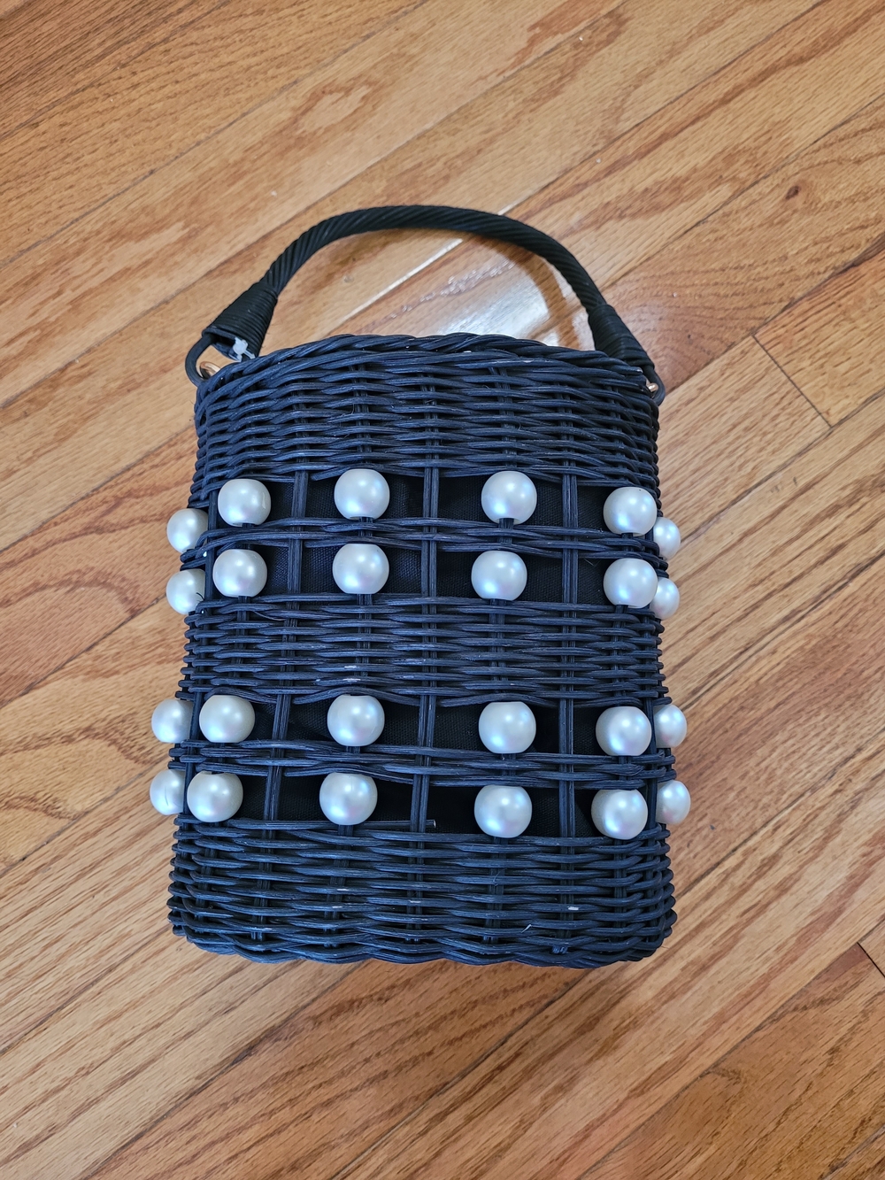 Black Woven Mini Bag with Pearl Accents